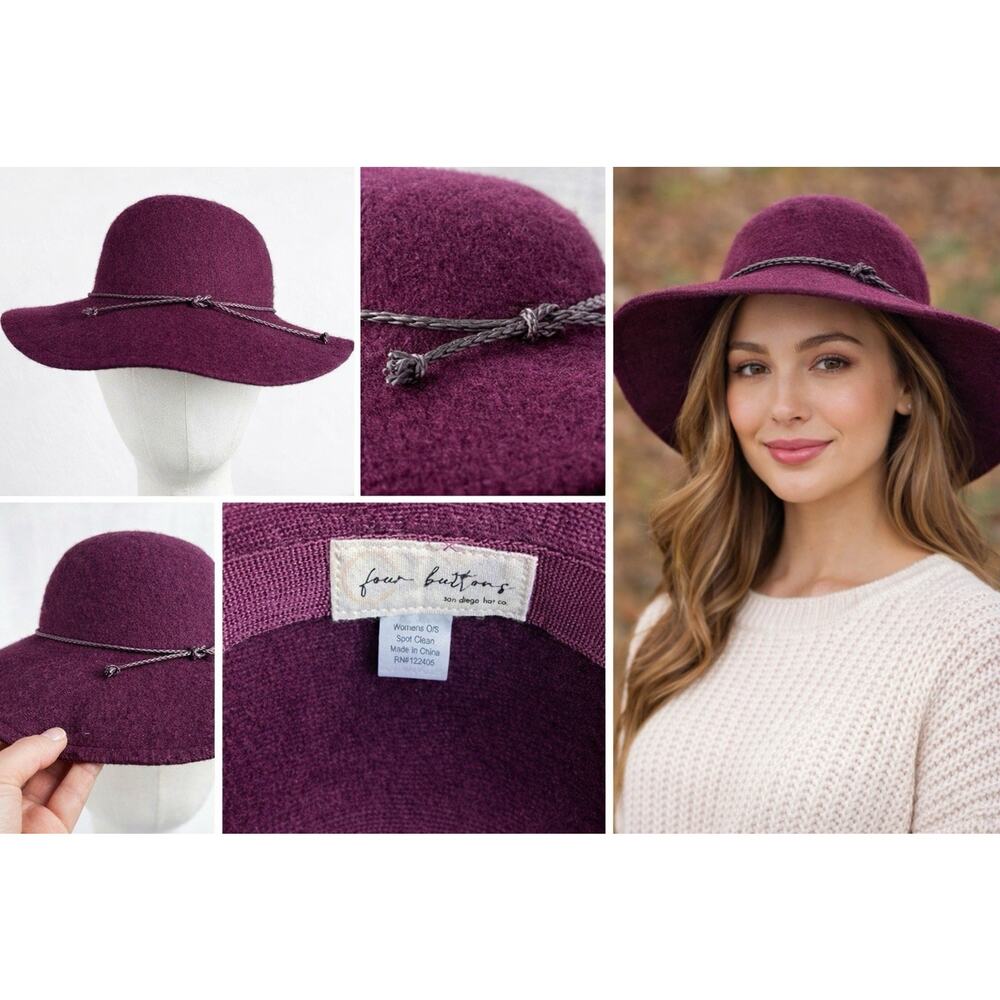 Four Buttons San Diego Hat Co Burgundy Wool Blend Wide Brim Hat, Boho Floppy OS￼